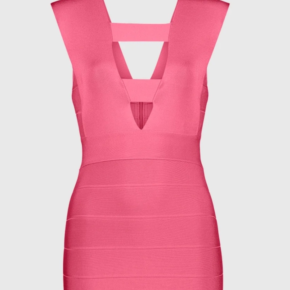 HERVE LEGER DEEP V STRAPPY ICON DRESS Hot Pink NWT - Picture 3 of 11
